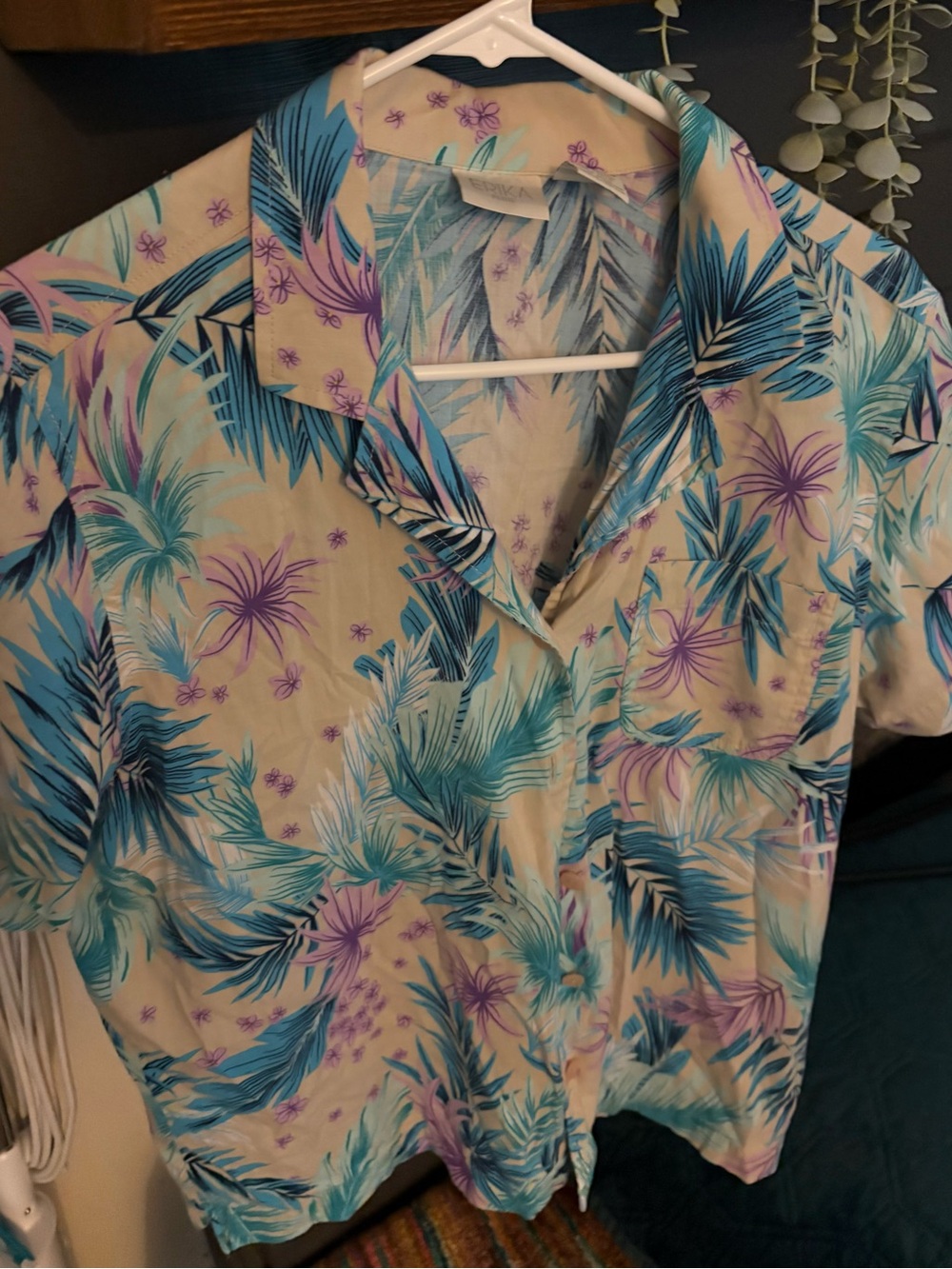 Erika Button-Down Tropical Palm Print Shirt - Cream, Teal, Purple
